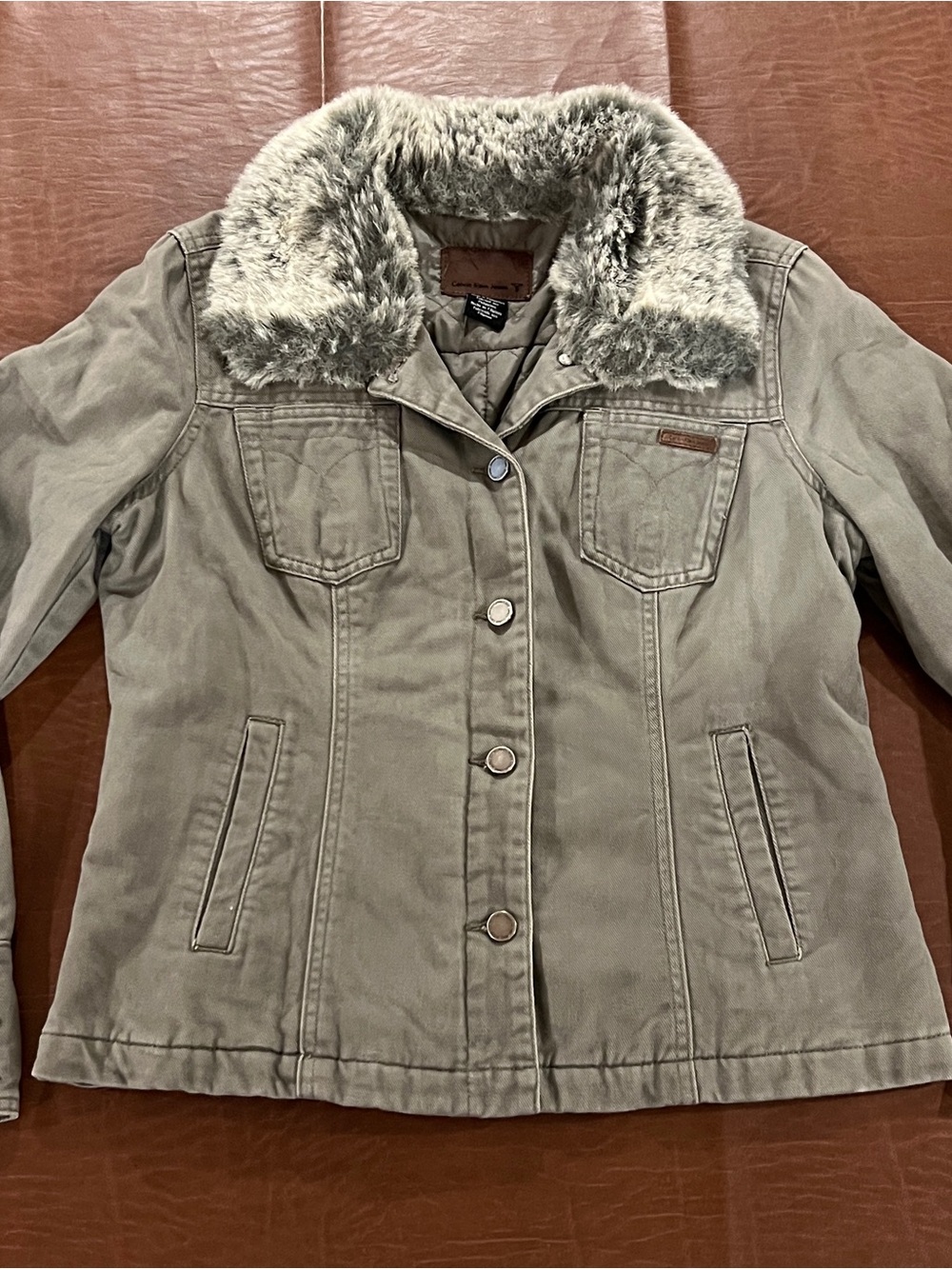 Calvin Klein Y2K Women’s Canvas Denim Jean Jacket Faux Fur Collar - Size Large